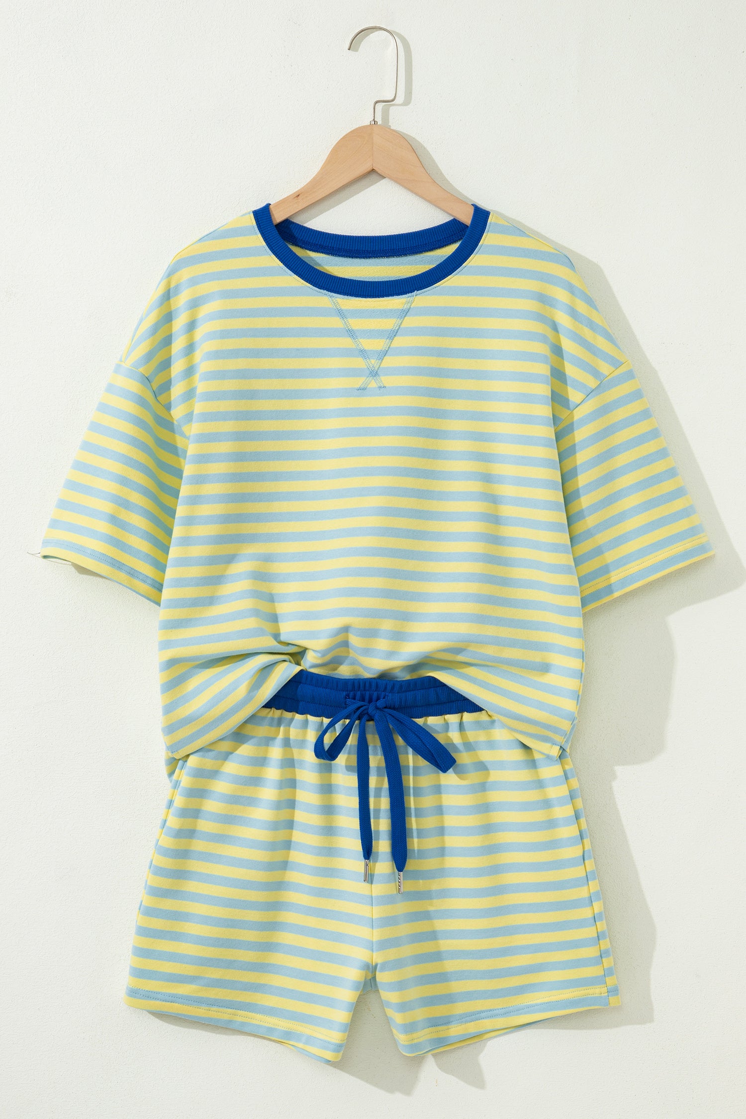 Green Stripe Drop Shoulder Boxy Casual Terry Short Set-Two Piece Sets/Short Sets-[Adult]-[Female]-2022 Online Blue Zone Planet