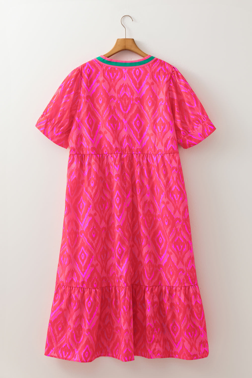 Red Allover Print Contrast Split Neckline Short Puff Sleeve Curvy Dress-TOPS / DRESSES-[Adult]-[Female]-2022 Online Blue Zone Planet