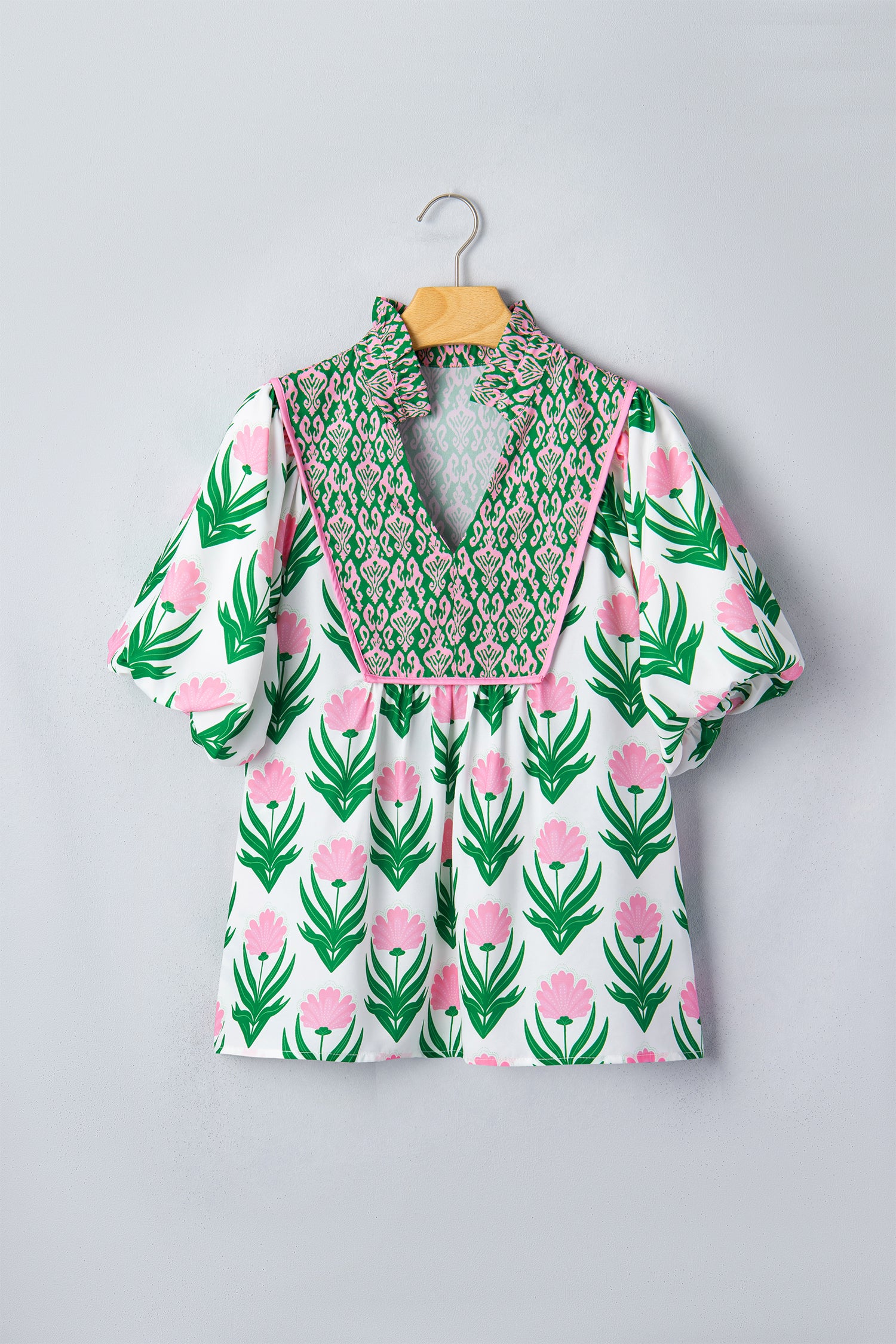 Multicolour Floral Print Puff Sleeve Contrast Bordered V Neck Blouse-Tops/Blouses & Shirts-[Adult]-[Female]-2022 Online Blue Zone Planet