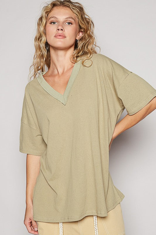 POL V-Neck Half Sleeve T-Shirt-TOPS / DRESSES-[Adult]-[Female]-Dried Moss-S-2022 Online Blue Zone Planet