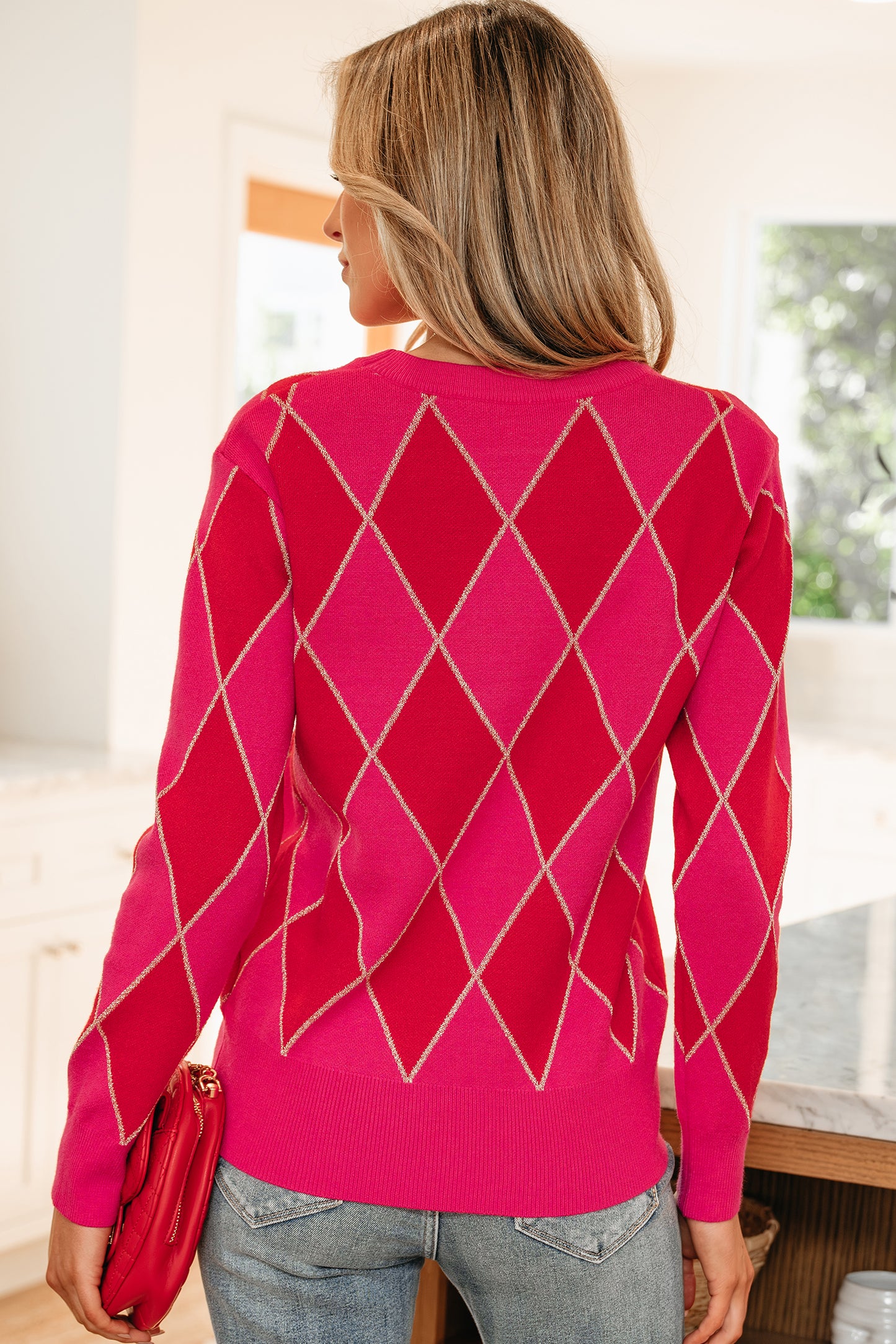 Rose Red Glitter Rhombus Pattern Knit Womens Casual Sweater-TOPS / DRESSES-[Adult]-[Female]-2022 Online Blue Zone Planet