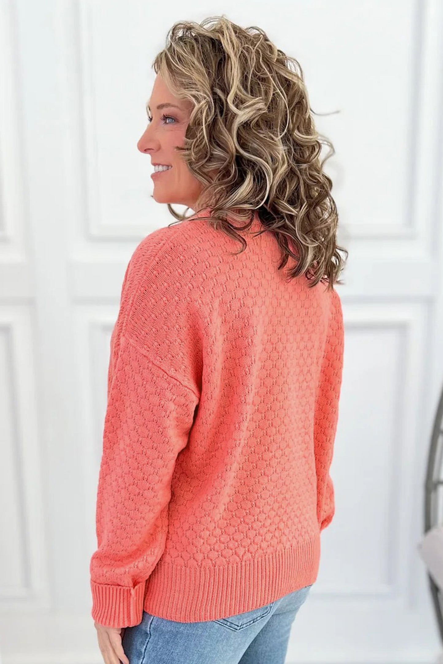 Coral Paradise Breathable Patterned Knit Drop Shoulder Pullover Sweater-Sweaters & Cardigans/Sweaters-[Adult]-[Female]-2022 Online Blue Zone Planet