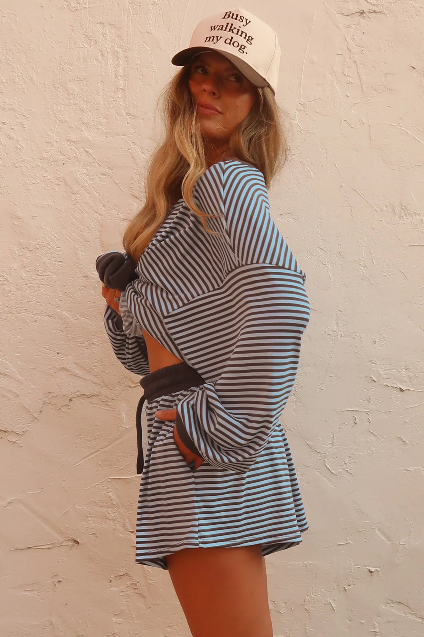 Brown Stripe Oversized Long Sleeve Top Drawstring Loose Shorts 2pcs Set