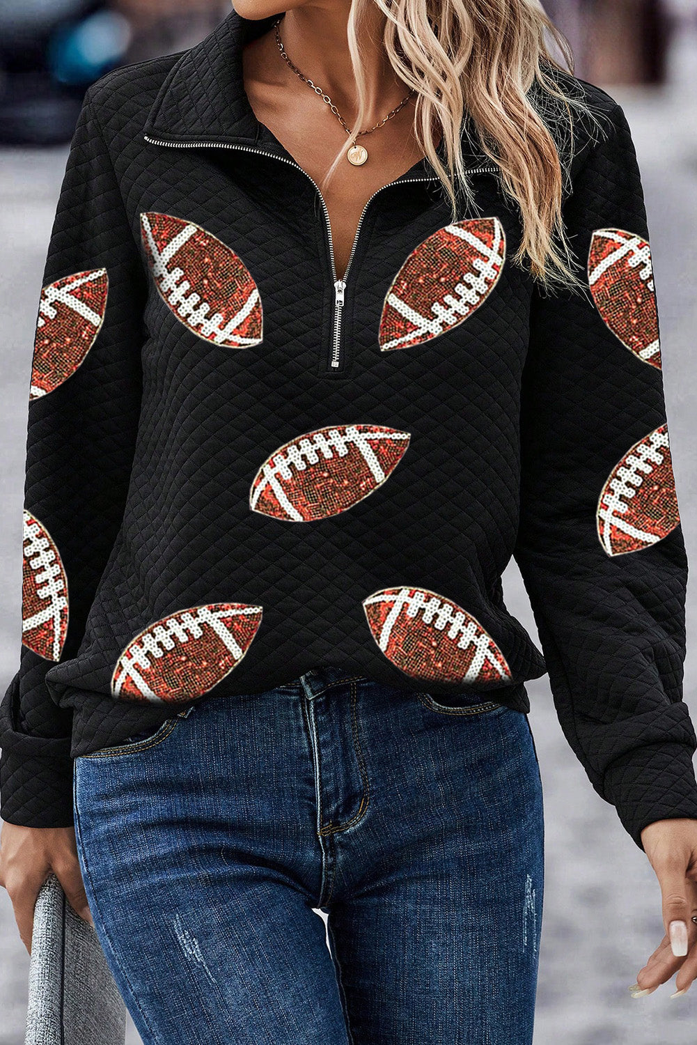 Black Sequin Rugby Football Patched Quarter Zip Textured Sweatshirt-Graphic/Graphic Sweatshirts-[Adult]-[Female]-Black-S-2022 Online Blue Zone Planet