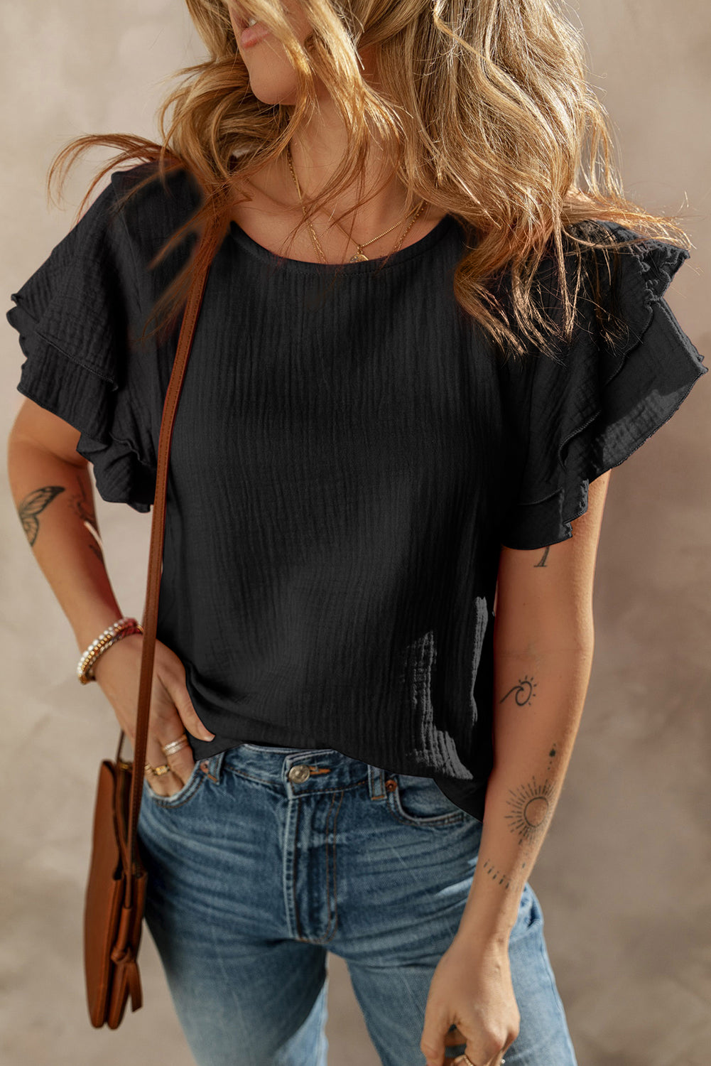 Light Pink Crinkled Cotton Gauze Ruffle Sleeve Blouse-Tops/Blouses & Shirts-[Adult]-[Female]-Black-S-2022 Online Blue Zone Planet