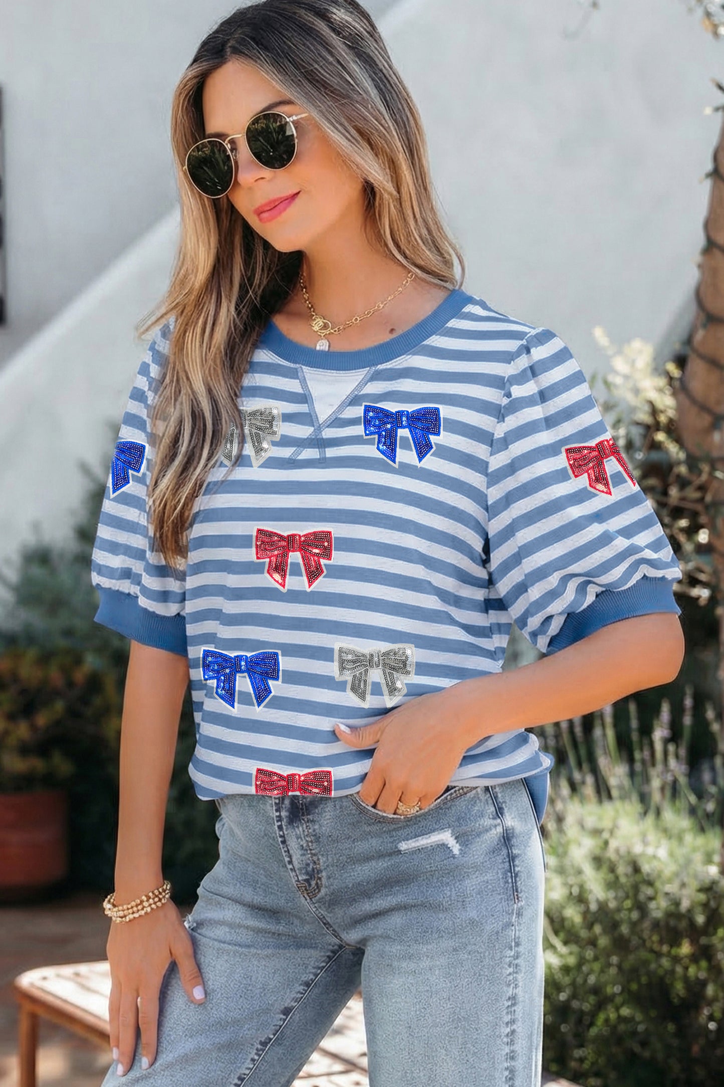 Sky Blue Stripe Patriotic Sequin Bow Graphic Short Puff Sleeve Top-Graphic/Graphic Tees-[Adult]-[Female]-2022 Online Blue Zone Planet