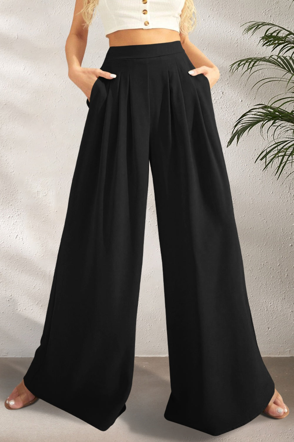 Blue Zone Planet | FAM-FAM High Waist Wide Leg Pants-BOTTOMS SIZES SMALL MEDIUM LARGE-[Adult]-[Female]-Black-S-2022 Online Blue Zone Planet