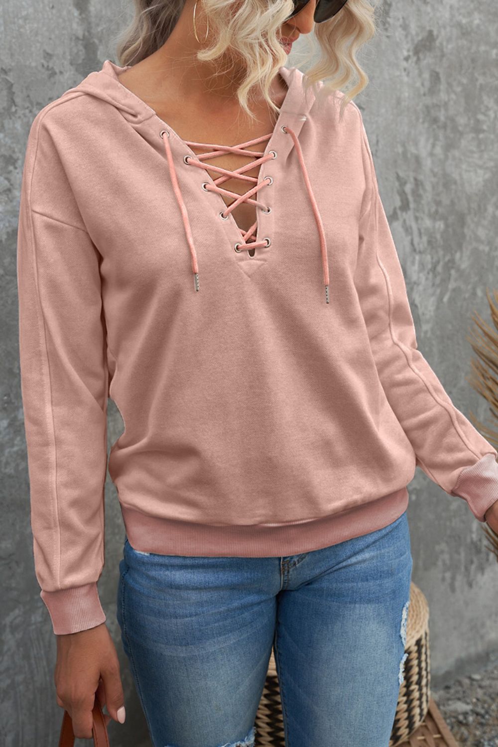 Lace Up Long Sleeve Hoodie-TOPS / DRESSES-[Adult]-[Female]-2022 Online Blue Zone Planet