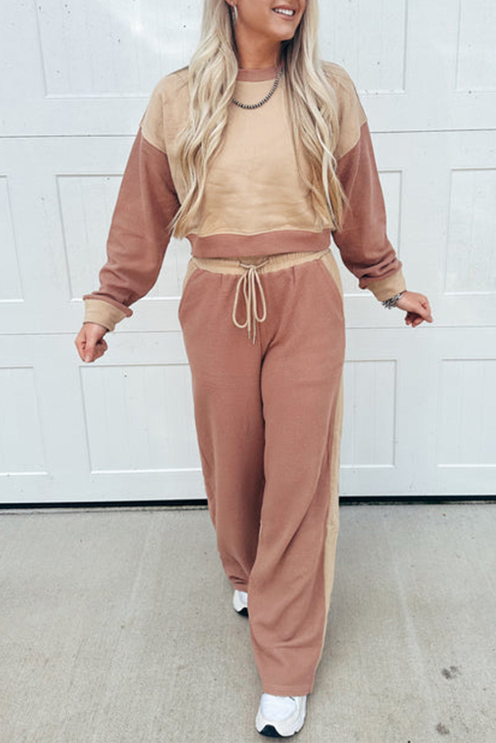 Khaki Color Block Long Sleeve Crop Top Drawstring Pant Set-Two Piece Sets/Pant Sets-[Adult]-[Female]-Khaki-S-2022 Online Blue Zone Planet