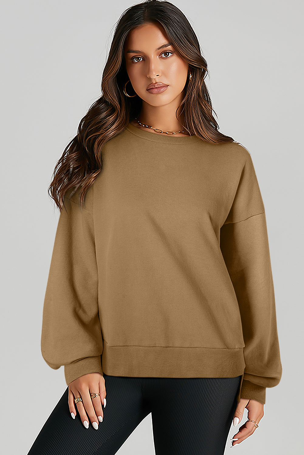 Parchment Solid O Neck High Low Hem Pullover Sweatshirt-Tops/Sweatshirts & Hoodies-[Adult]-[Female]-2022 Online Blue Zone Planet