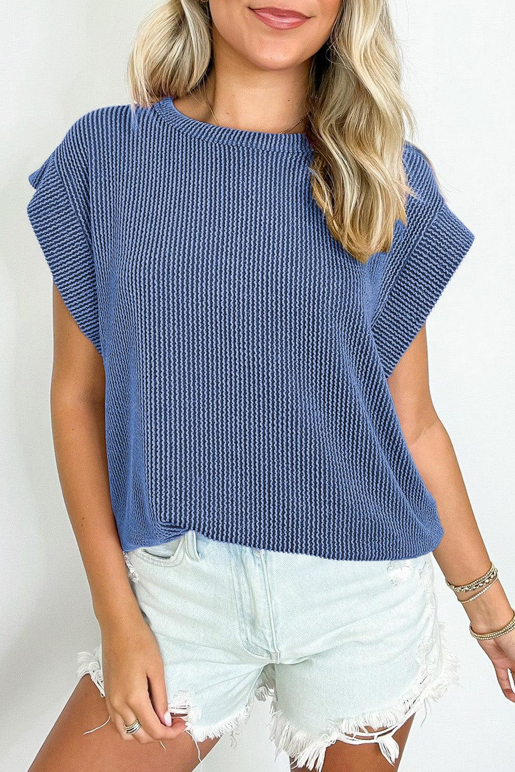 Gray Twisted Rib Wide Sleeve Crew Neck T Shirt-Tops/Tops & Tees-[Adult]-[Female]-Dirty blue-S-2022 Online Blue Zone Planet
