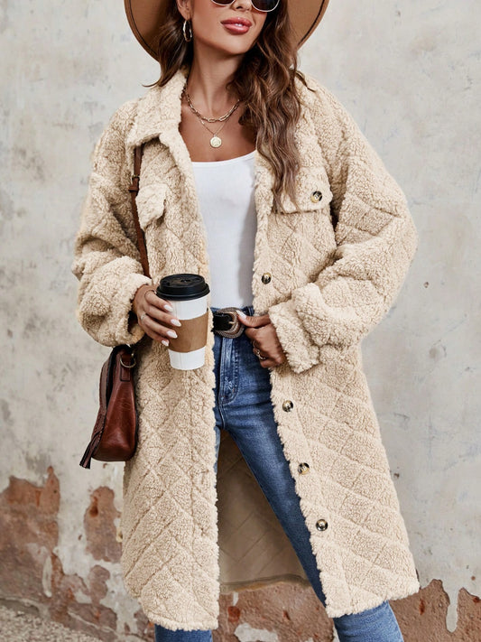 Fuzzy Button Up Dropped Shoulder Long Sleeve Coat-TOPS / DRESSES-[Adult]-[Female]-Tan-S-2022 Online Blue Zone Planet