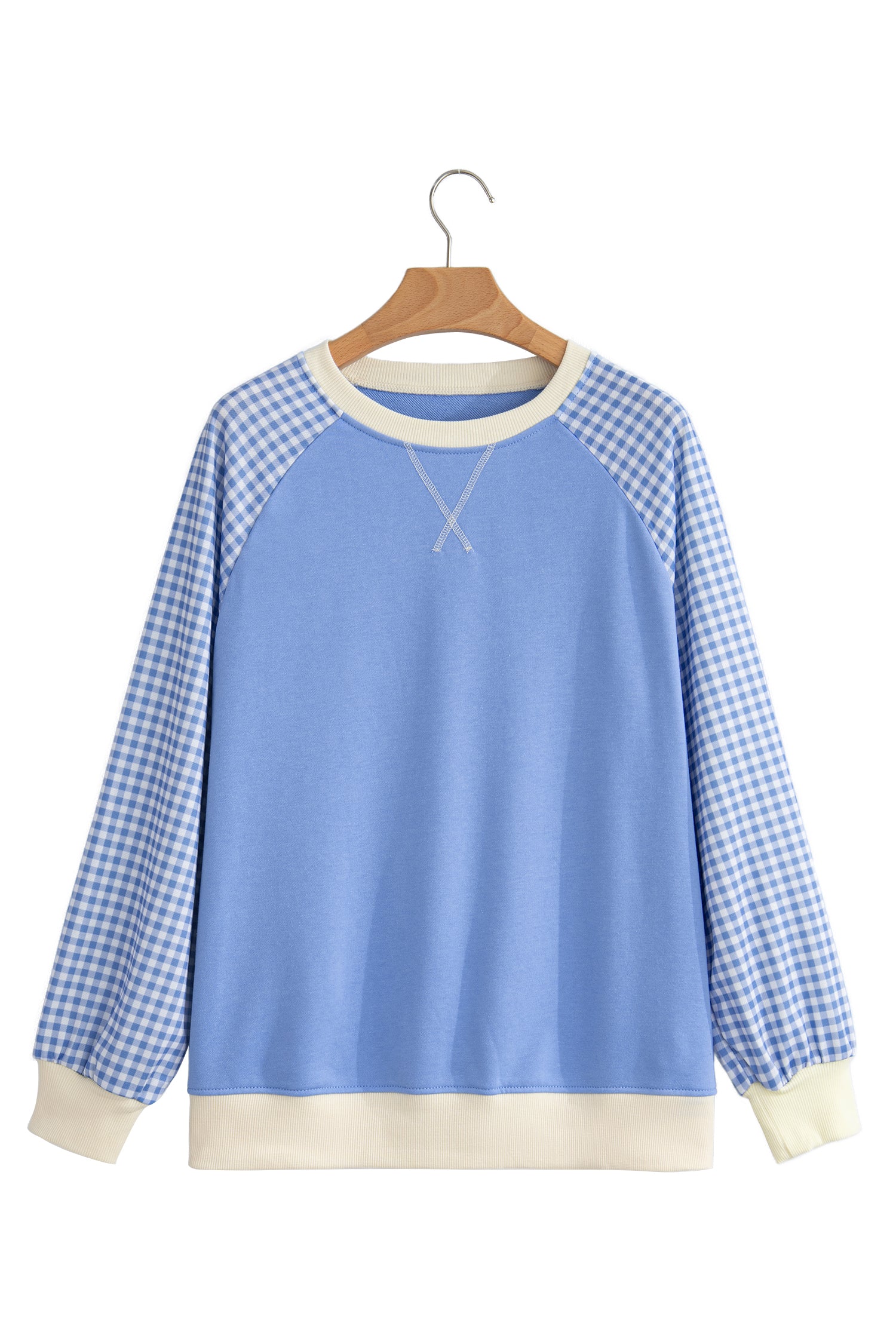 Beige Plaid Sleeve Colorblock Raglan Pullover Sweatshirt-Tops/Sweatshirts & Hoodies-[Adult]-[Female]-2022 Online Blue Zone Planet