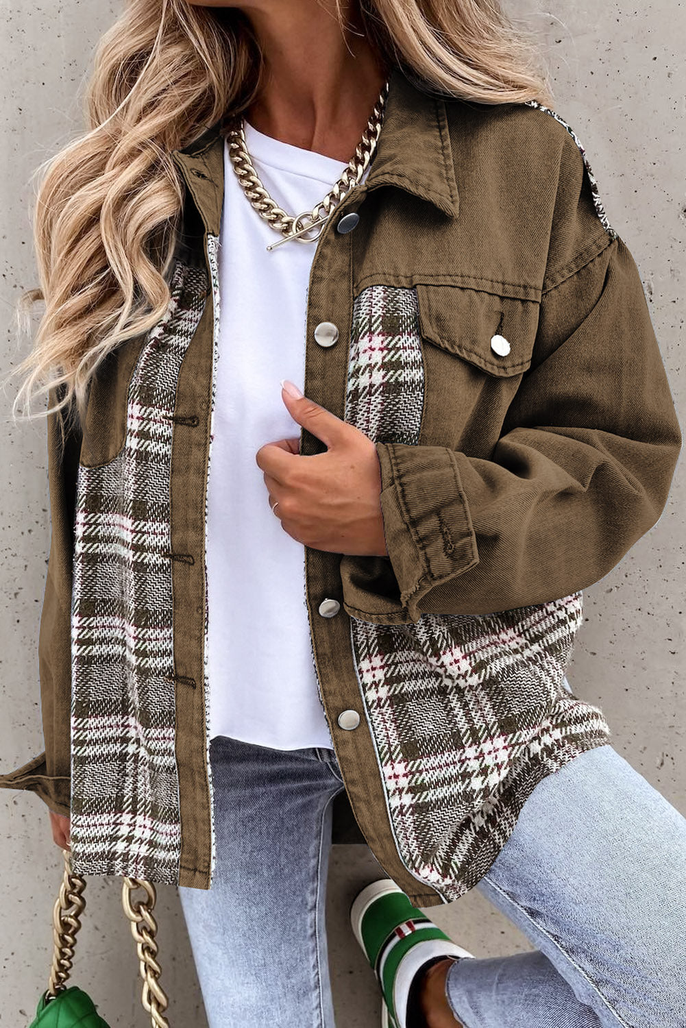 Blue Zone Planet | Sky Blue Plaid Patchwork Pockets Denim Jacket-Outerwear/Denim jackets-[Adult]-[Female]-Brown-S-2022 Online Blue Zone Planet