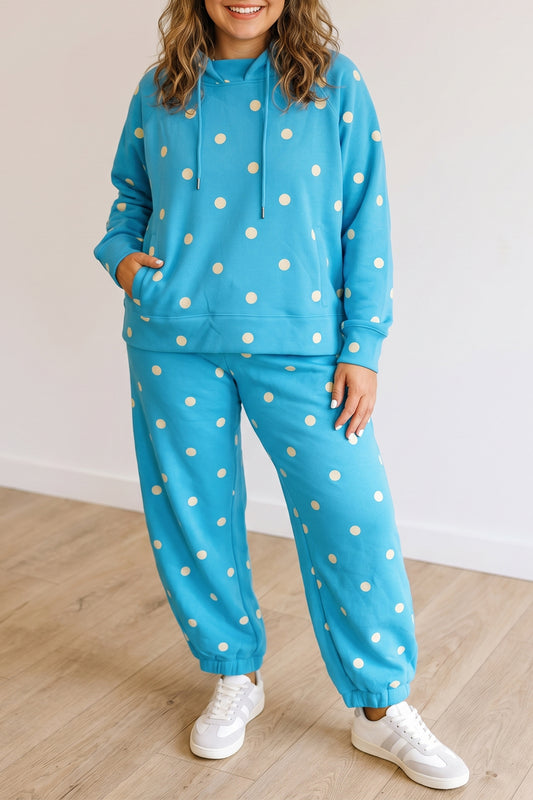 Blue Polka Dot Hooded Drawstring Long Sleeve Plus Size Set-Plus Size/Plus Size Loungewear-[Adult]-[Female]-Blue-1X-2022 Online Blue Zone Planet