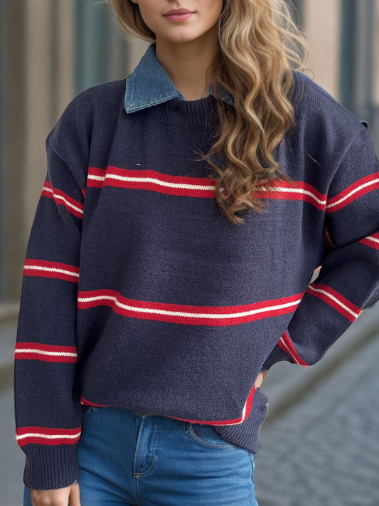 Blue Zone Planet | Contrast Stripes Round Neck Long Sleeve Sweater-TOPS / DRESSES-[Adult]-[Female]-Indigo-One Size-2022 Online Blue Zone Planet