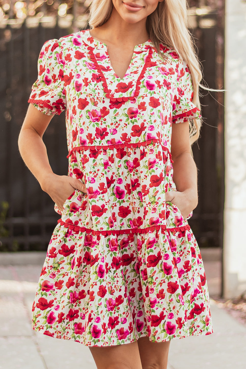 Red Floral Puff Sleeve Tiered Ric Rac Pocketed Mini Dress-TOPS / DRESSES-[Adult]-[Female]-2022 Online Blue Zone Planet