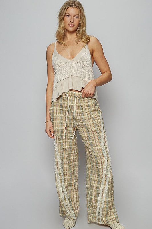 POL Lace Trim Drawstring Checkered Wide Leg Pants-BOTTOMS-[Adult]-[Female]-2022 Online Blue Zone Planet