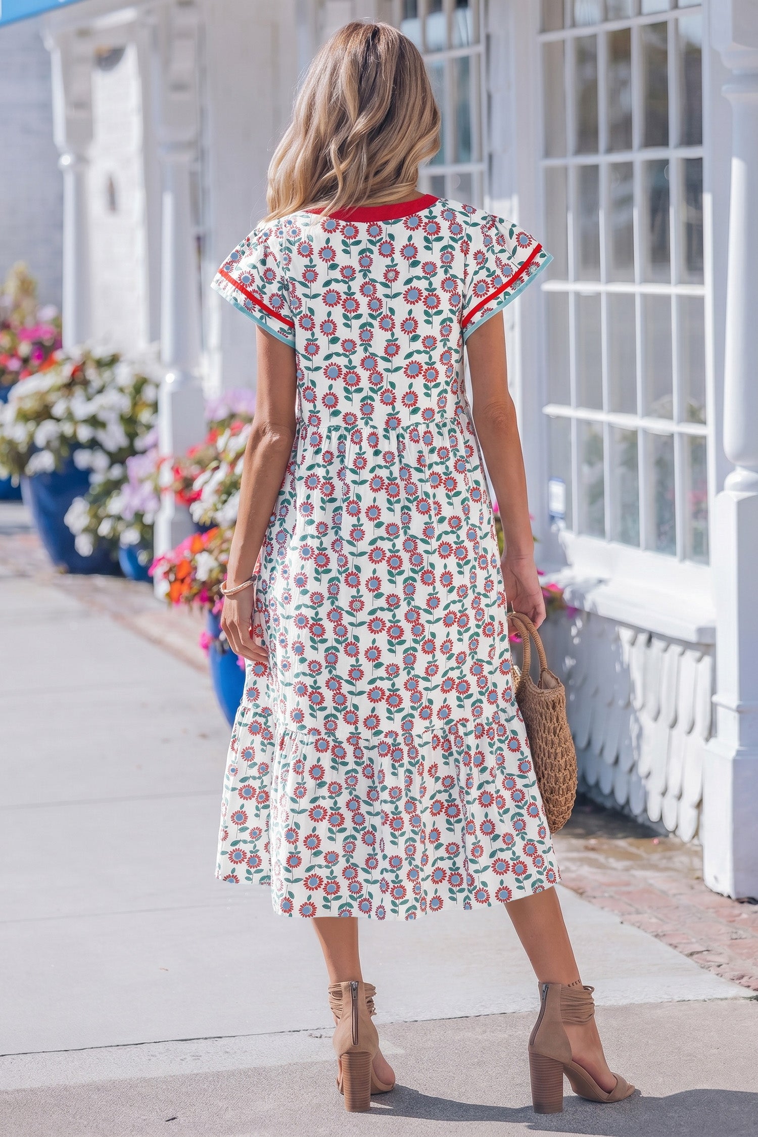 Sky Blue Cute Sunflower Printed Striped Patchwork Trim Flutter Sleeve Long Dress-Dresses/Floral Dresses-[Adult]-[Female]-2022 Online Blue Zone Planet