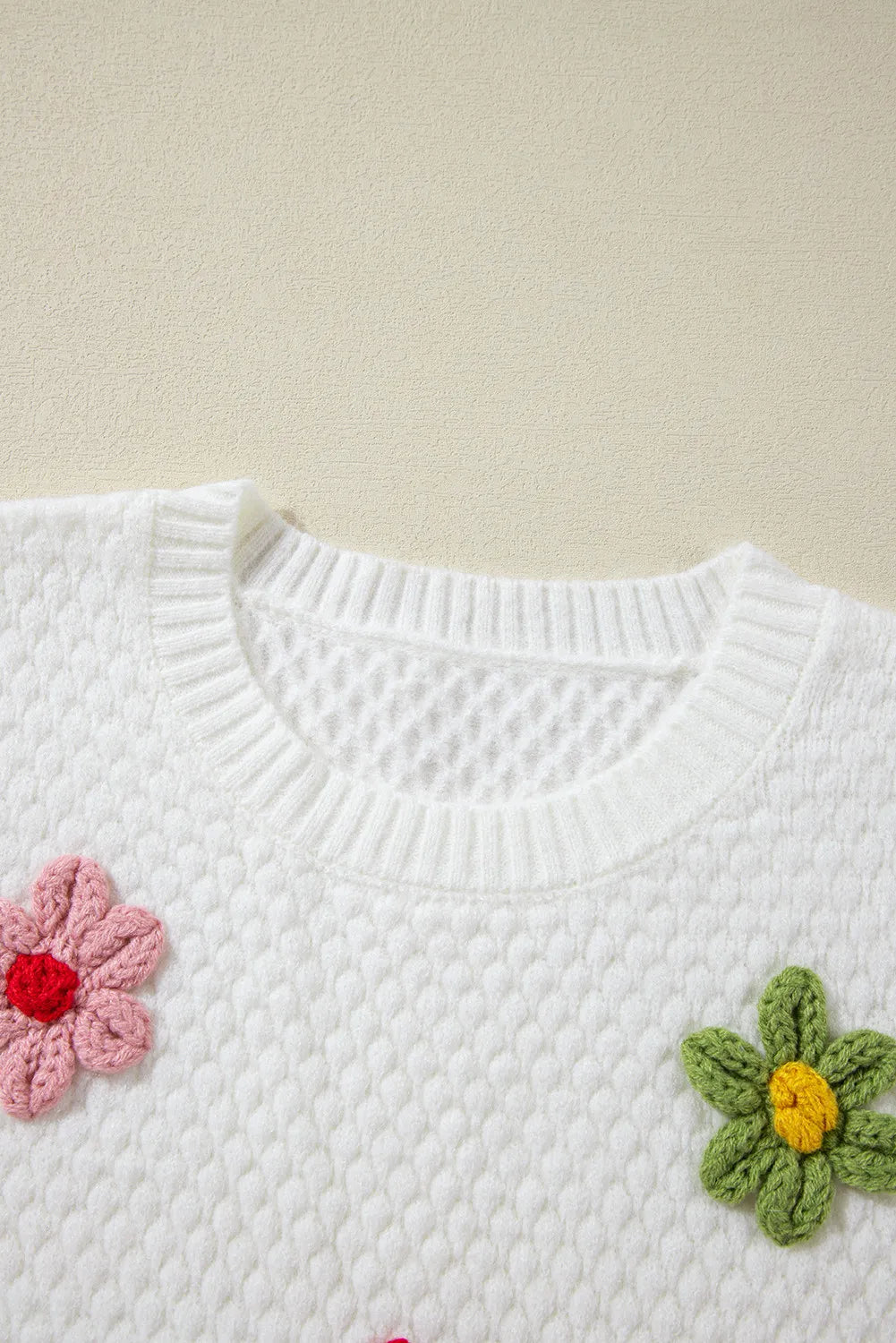 Crochet Flower Round Neck Sweater-TOPS / DRESSES-[Adult]-[Female]-2022 Online Blue Zone Planet