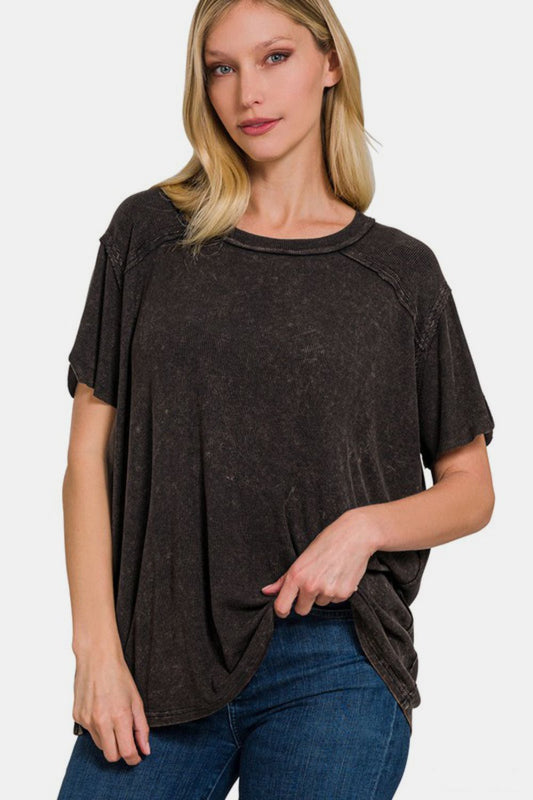 Zenana Washed Ribbed Short Sleeve Top-TOPS / DRESSES-[Adult]-[Female]-Black-S/M-2022 Online Blue Zone Planet