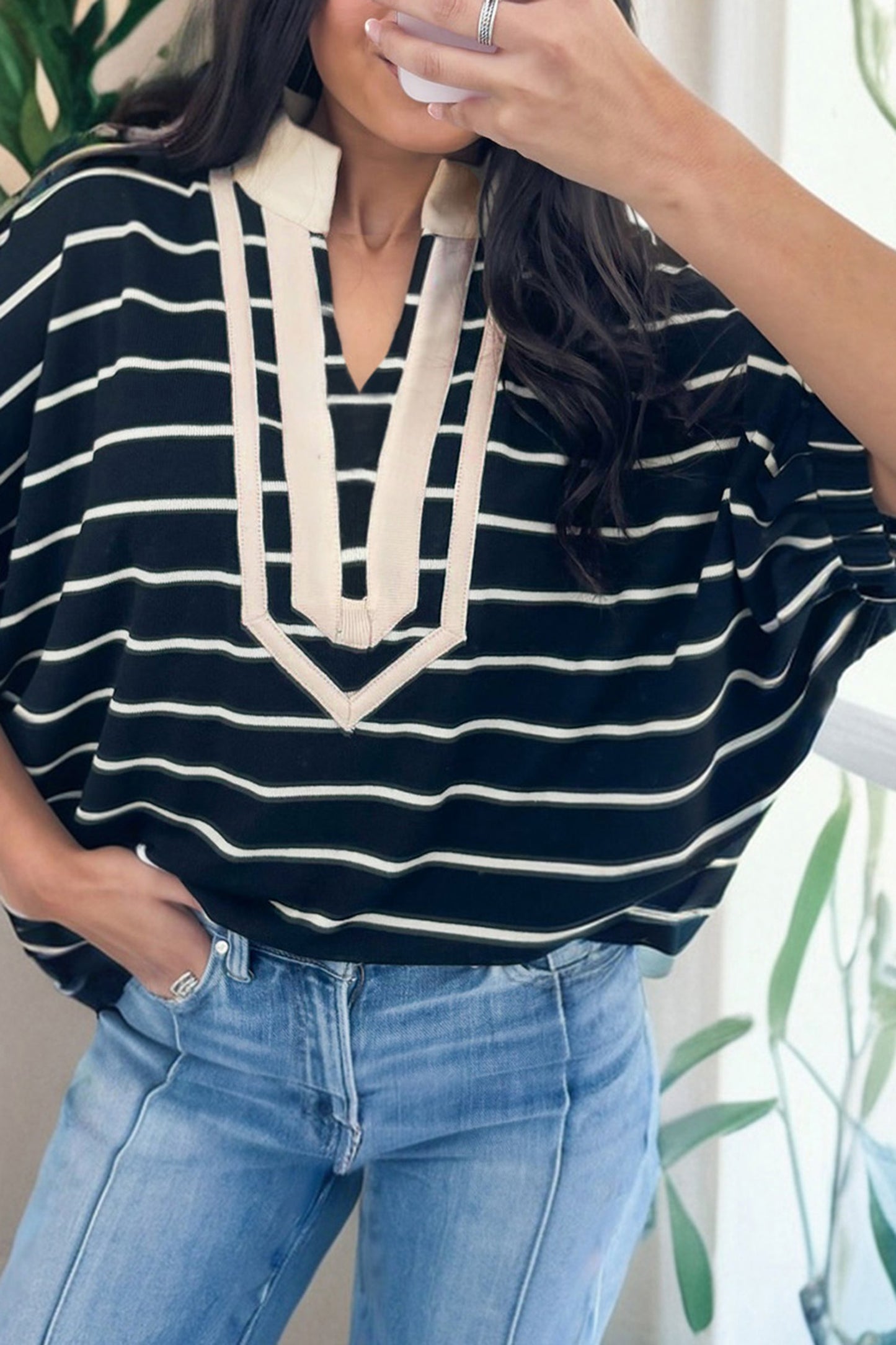 Black Stripe Stand Collar V Neck Elastic Cuffs Half Sleeve Dolman Top-Tops/Blouses & Shirts-[Adult]-[Female]-Black Stripe-S-2022 Online Blue Zone Planet