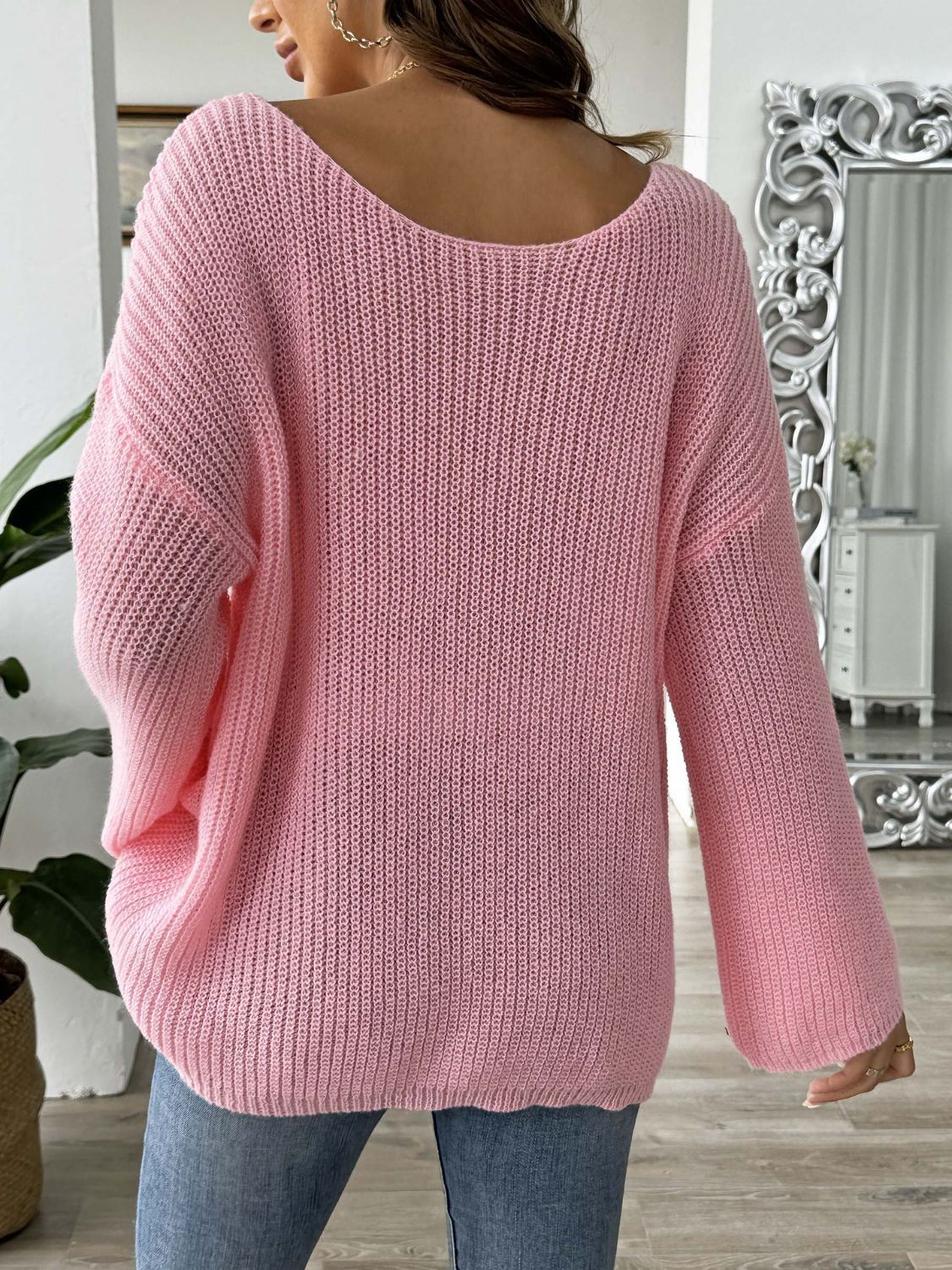 Heart Boat Neck Dropped Shoulder Sweater-TOPS / DRESSES-[Adult]-[Female]-2022 Online Blue Zone Planet