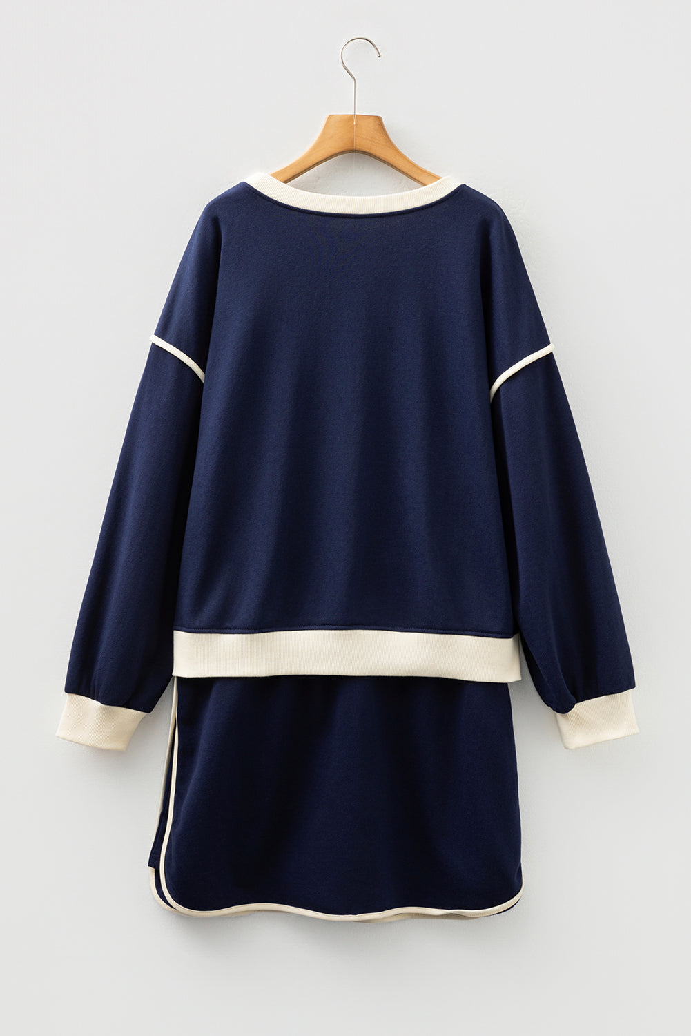 Navy Blue Plus Color Block Drop Shoulder Top and Lace-up Skirt Outfit-Plus Size/Plus Size Loungewear-[Adult]-[Female]-2022 Online Blue Zone Planet