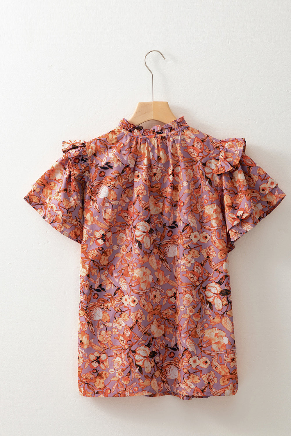 Orange Floral Print Ruffled Flutter Sleeve Frilled V Neck Blouse-Tops/Blouses & Shirts-[Adult]-[Female]-2022 Online Blue Zone Planet