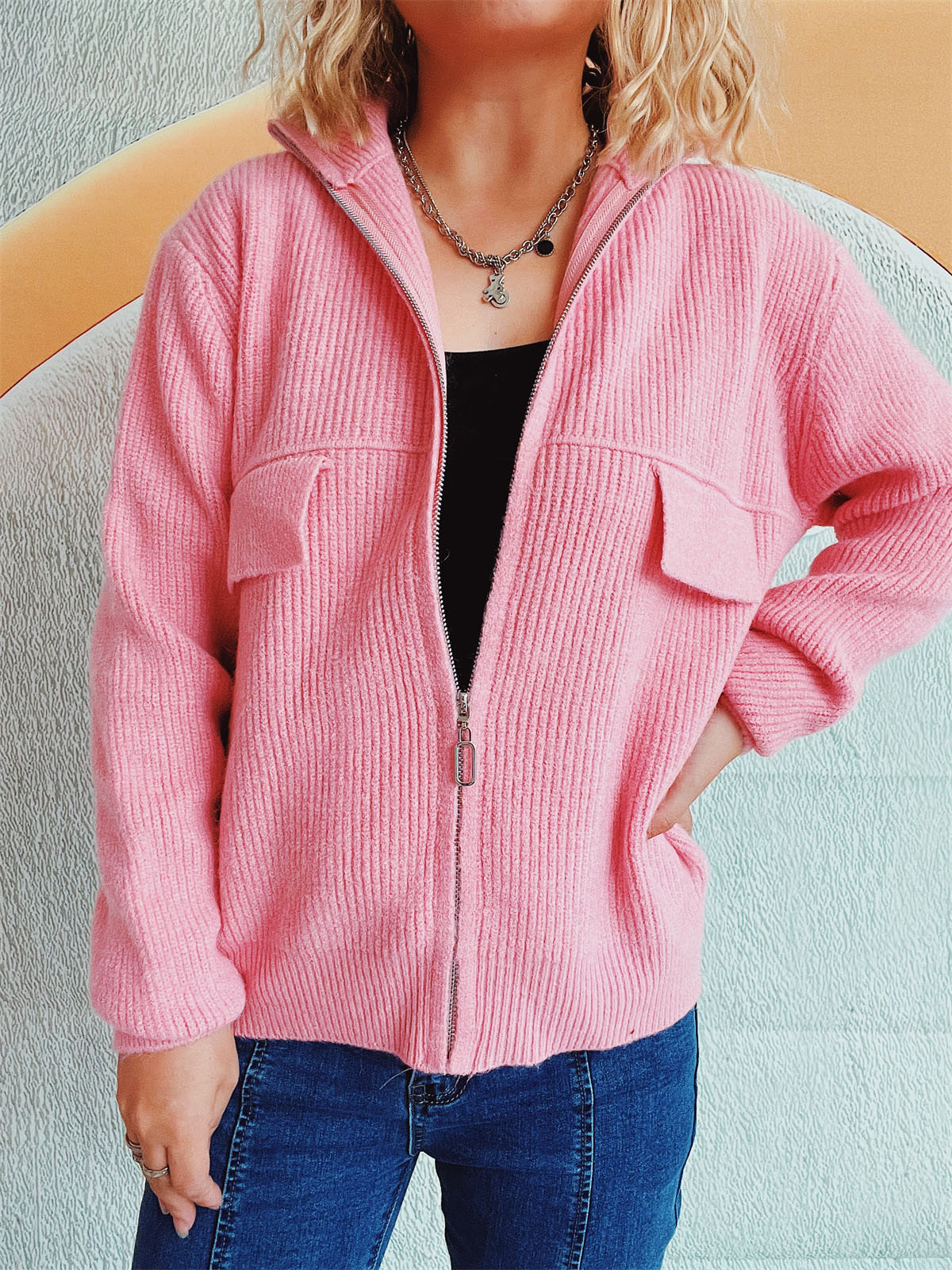 Zip Up Collared Neck Long Sleeve Cardigan-TOPS / DRESSES-[Adult]-[Female]-Pink-One Size-2022 Online Blue Zone Planet