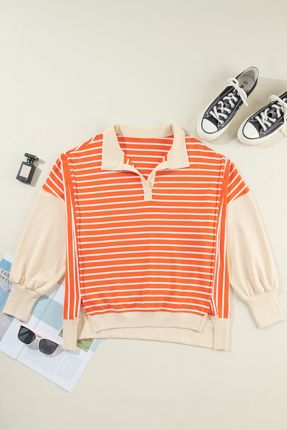 Striped Johnny Collar Long Sleeve Sweatshirt-TOPS / DRESSES-[Adult]-[Female]-2022 Online Blue Zone Planet