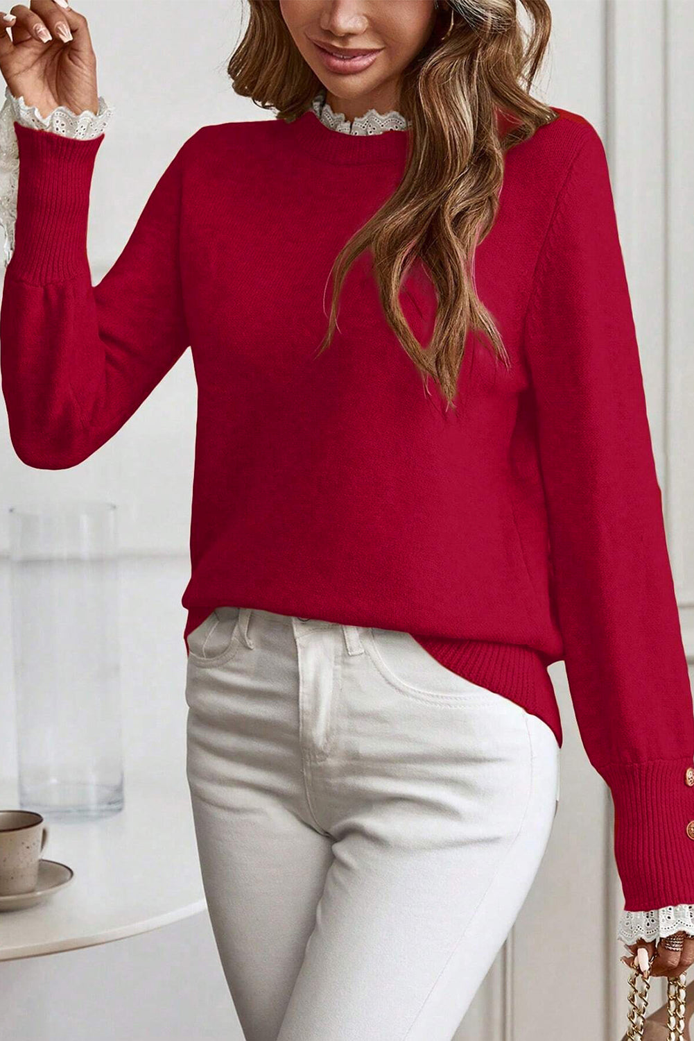 Racing Red Lace Trim Patchwork Buttoned Cuffs Loose Sweater-Sweaters & Cardigans/Sweaters-[Adult]-[Female]-2022 Online Blue Zone Planet