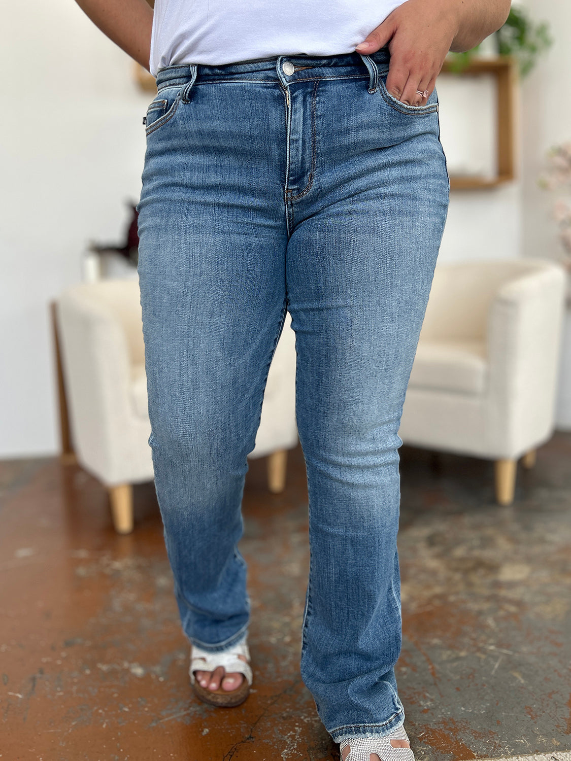 Judy Blue Full Size Mid-Rise Waist Straight Jeans-BOTTOM SIZES SMALL MEDIUM LARGE-[Adult]-[Female]-2022 Online Blue Zone Planet