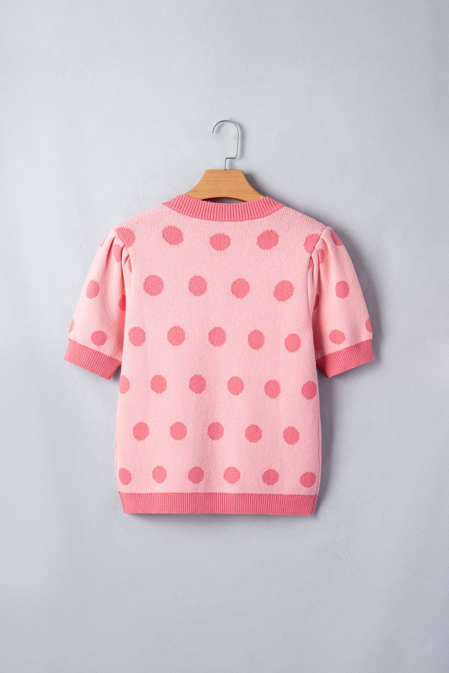 Rose Red Polka Dot Puff Short Sleeve Sweater Top-Sweaters & Cardigans/Short Sleeve Sweaters-[Adult]-[Female]-2022 Online Blue Zone Planet