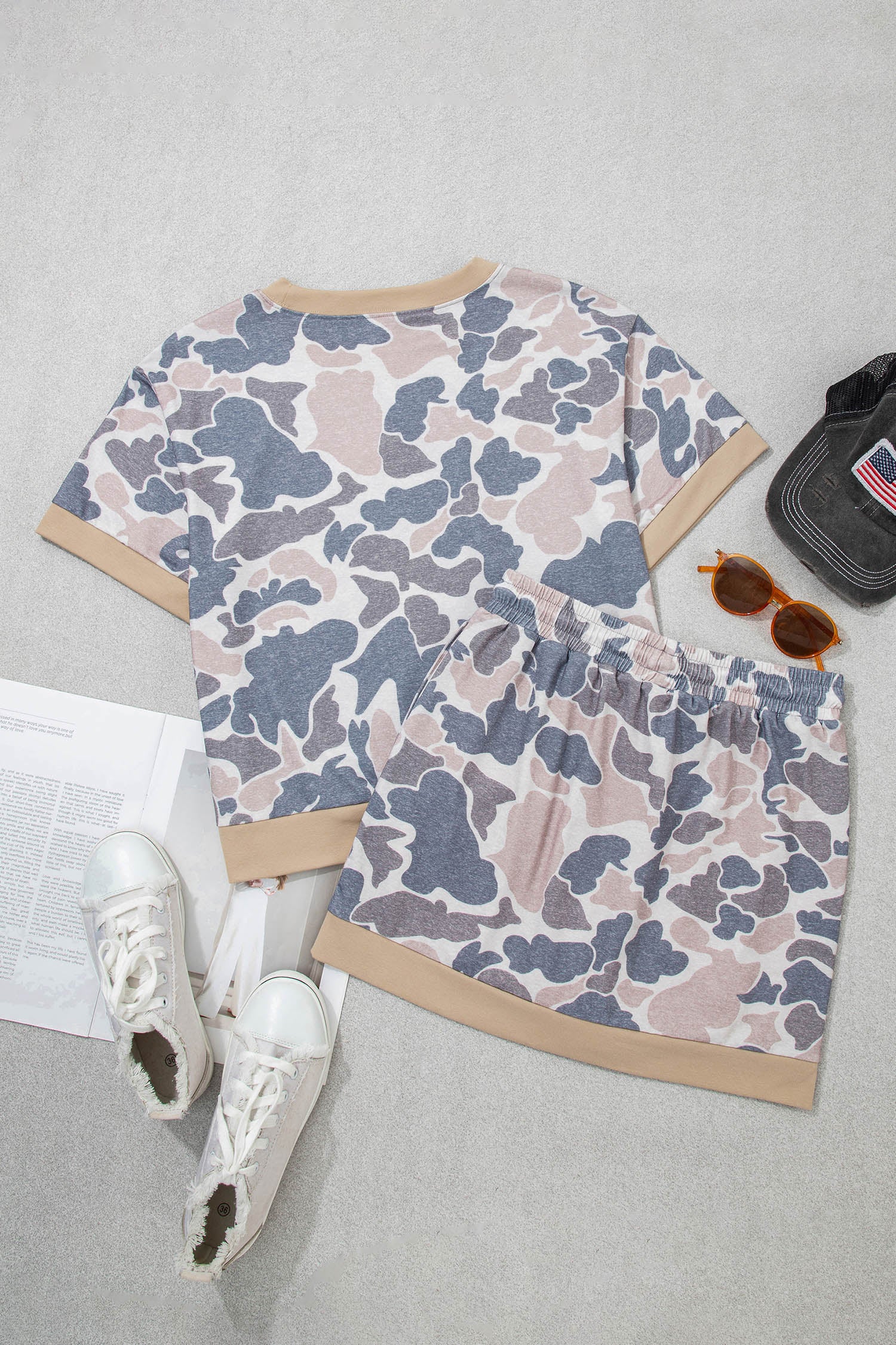 Multicolour Retro Camouflage Color Block Trim Skort 2pcs Outfit-Two Piece Sets/Two Piece Dresses-[Adult]-[Female]-2022 Online Blue Zone Planet
