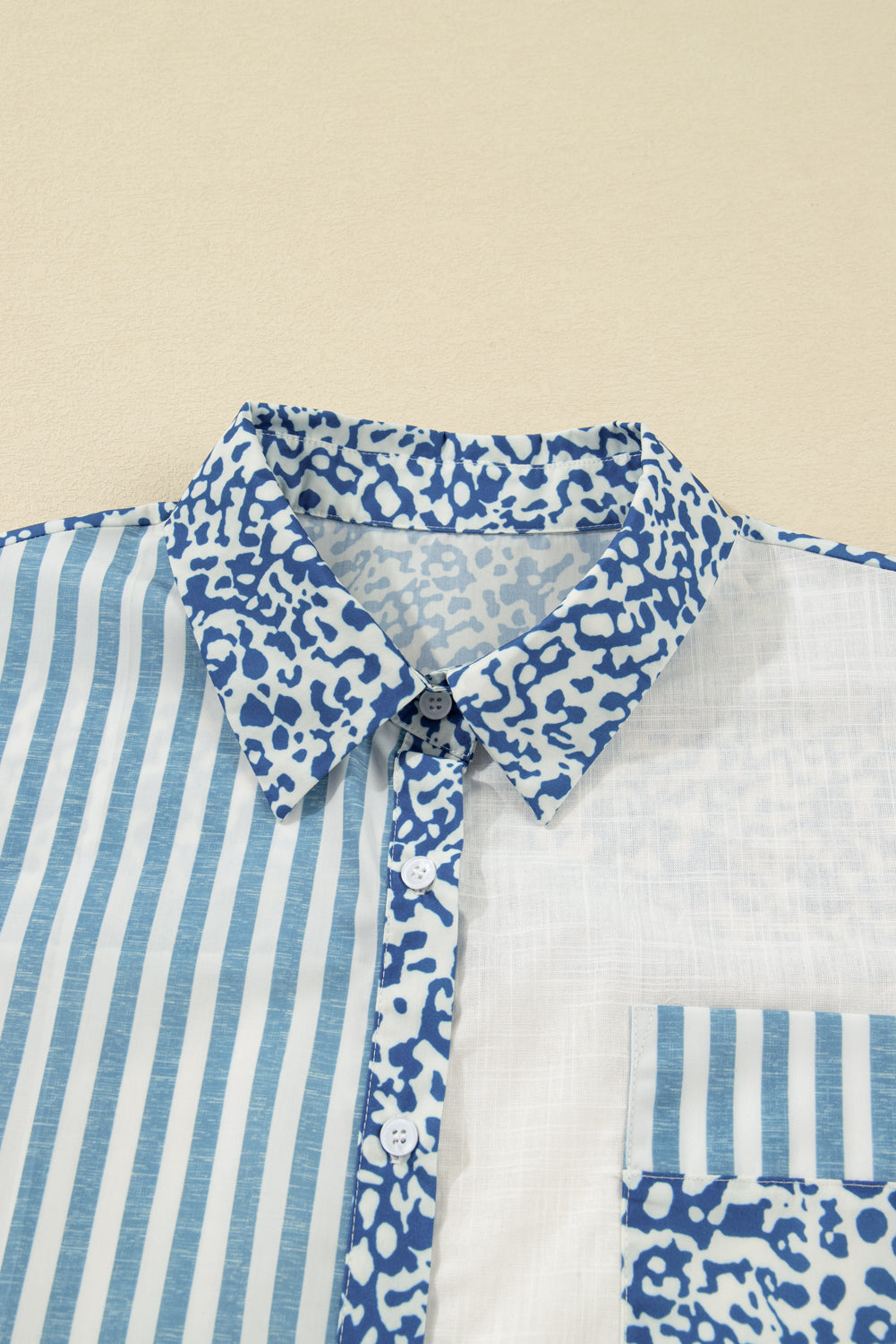 Sky Blue Leopard Striped Patchwork Casual Plus Shirt-Plus Size/Plus Size Tops/Plus Size Blouses & Shirts-[Adult]-[Female]-2022 Online Blue Zone Planet