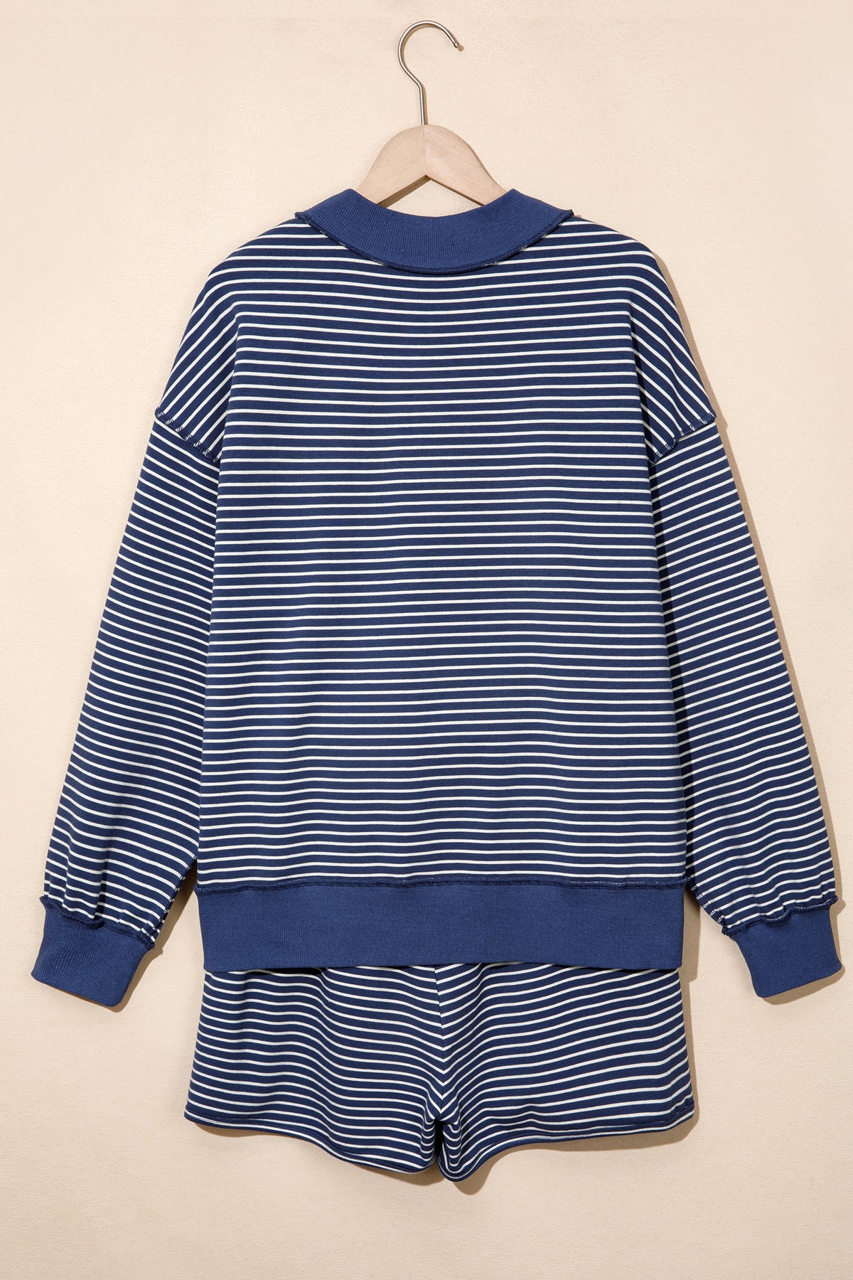 Blue Stripe Ribbed Patchwork Mock Neck Baggy Pullover Matching Shorts Set-Two Piece Sets/Short Sets-[Adult]-[Female]-2022 Online Blue Zone Planet