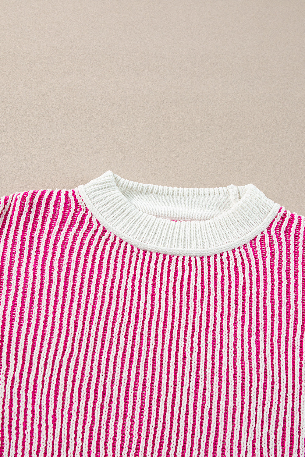 Blue Zone Planet | Bright Pink Striped Textured Knit Contrast Edge Loose Sweater-Sweaters & Cardigans/Sweaters-[Adult]-[Female]-2022 Online Blue Zone Planet