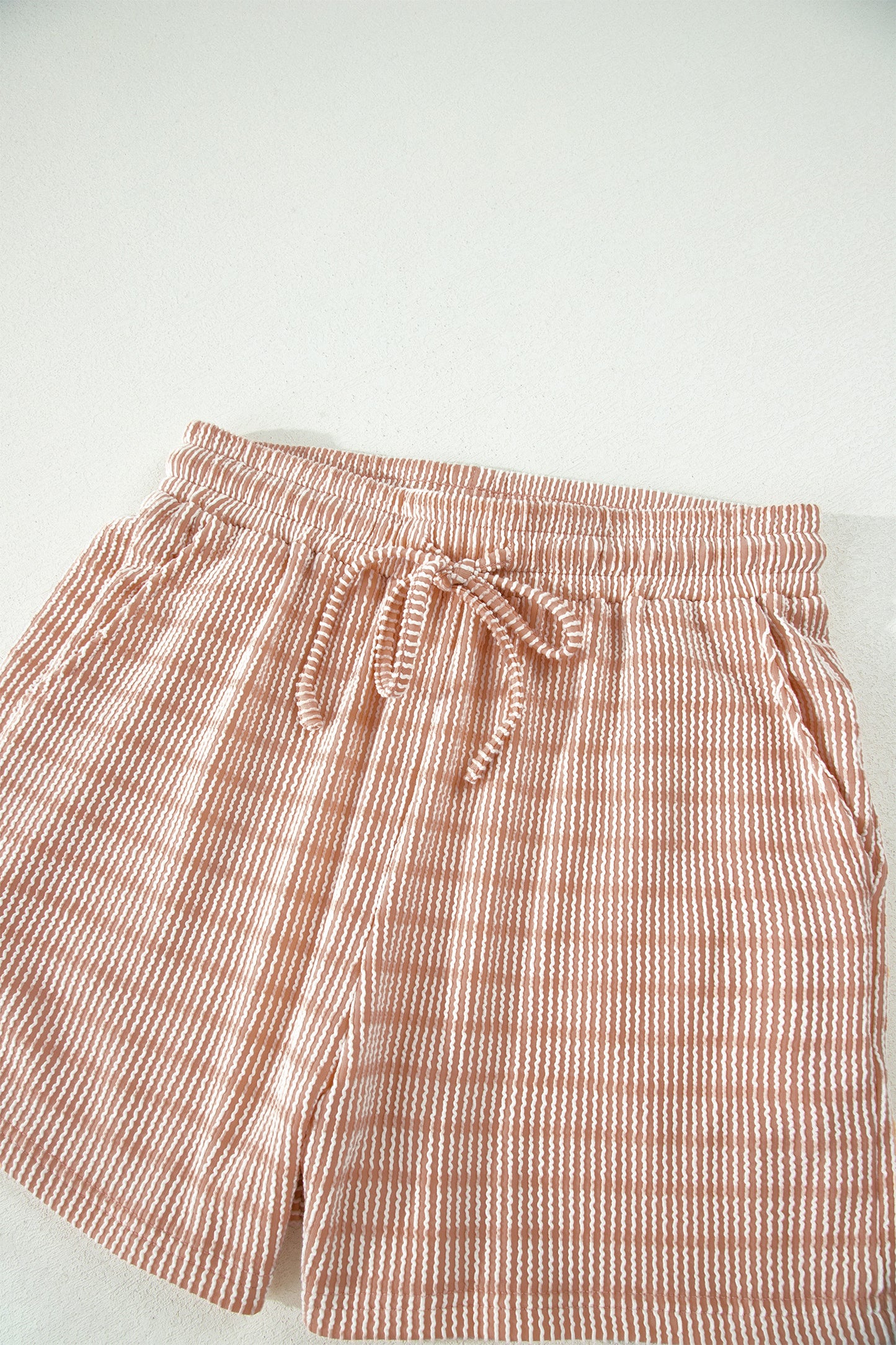 Rose Stripe Raised Rib Loose Tee Drawstring Elastic Waist 2pcs Short Set-Two Piece Sets/Short Sets-[Adult]-[Female]-2022 Online Blue Zone Planet