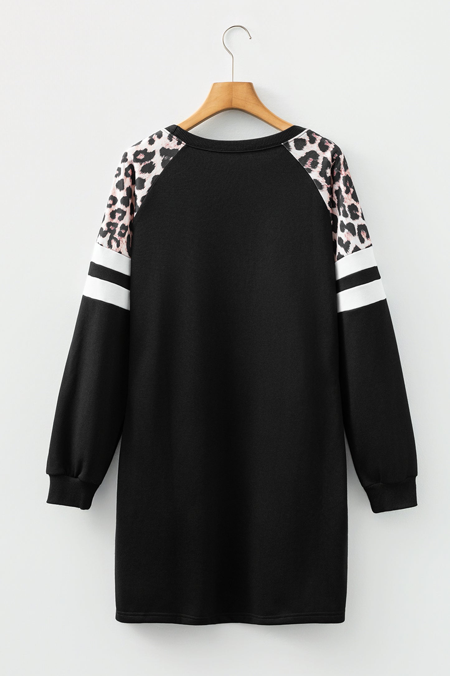 Black Leopard Print Patchwork Varsity Raglan Sleeve Sweatshirt Dress-TOPS / DRESSES-[Adult]-[Female]-2022 Online Blue Zone Planet