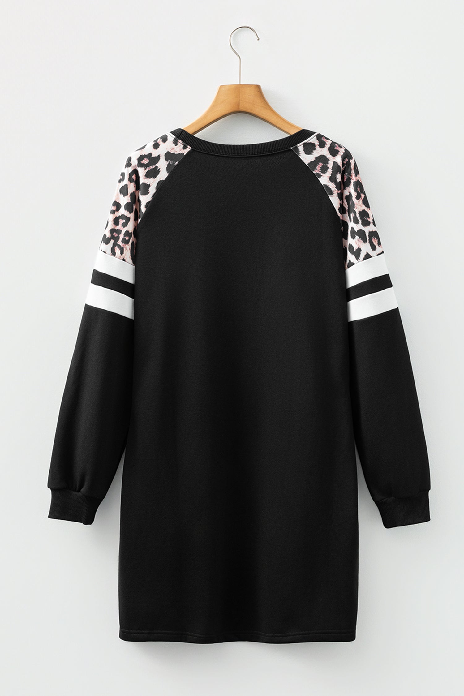 Black Leopard Print Patchwork Varsity Raglan Sleeve Sweatshirt Dress-TOPS / DRESSES-[Adult]-[Female]-2022 Online Blue Zone Planet