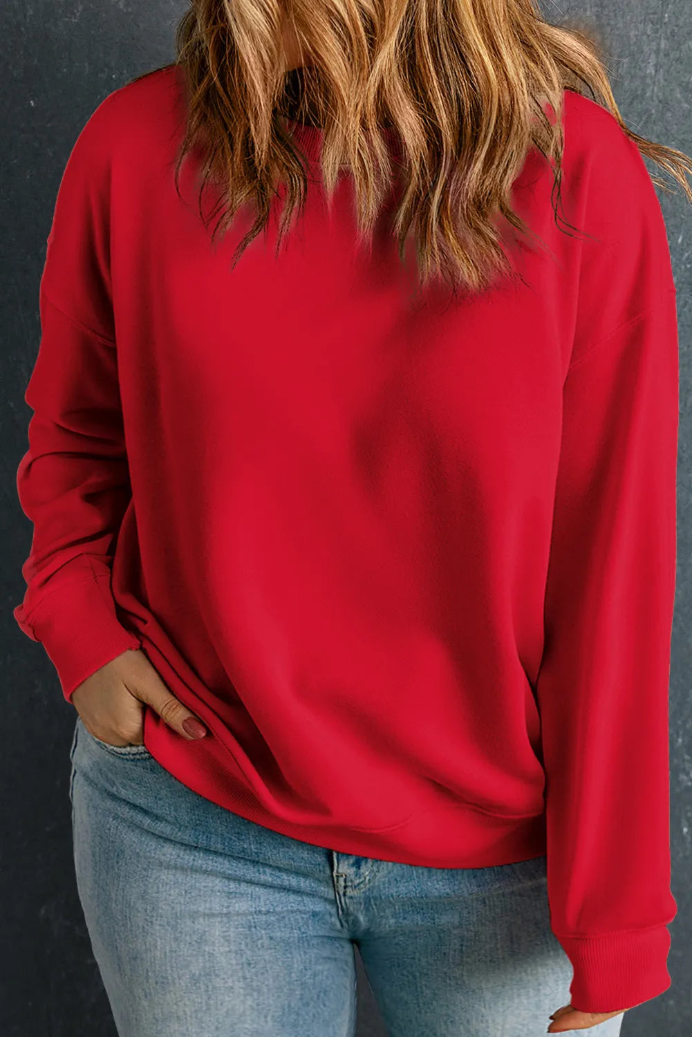 Plus Size Round Neck Long Sleeve Sweatshirt-TOPS / DRESSES-[Adult]-[Female]-Deep Red-1XL-2022 Online Blue Zone Planet