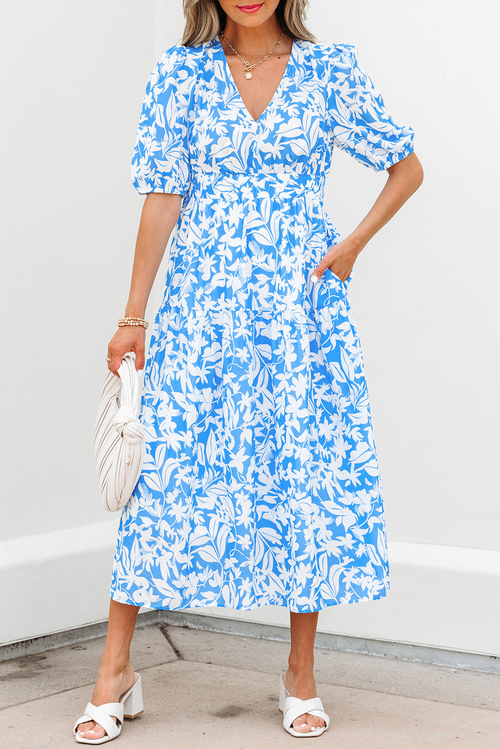 Sky Blue Floral V Neck Puff Short Sleeve Flowy Long Dress-TOPS / DRESSES-[Adult]-[Female]-2022 Online Blue Zone Planet