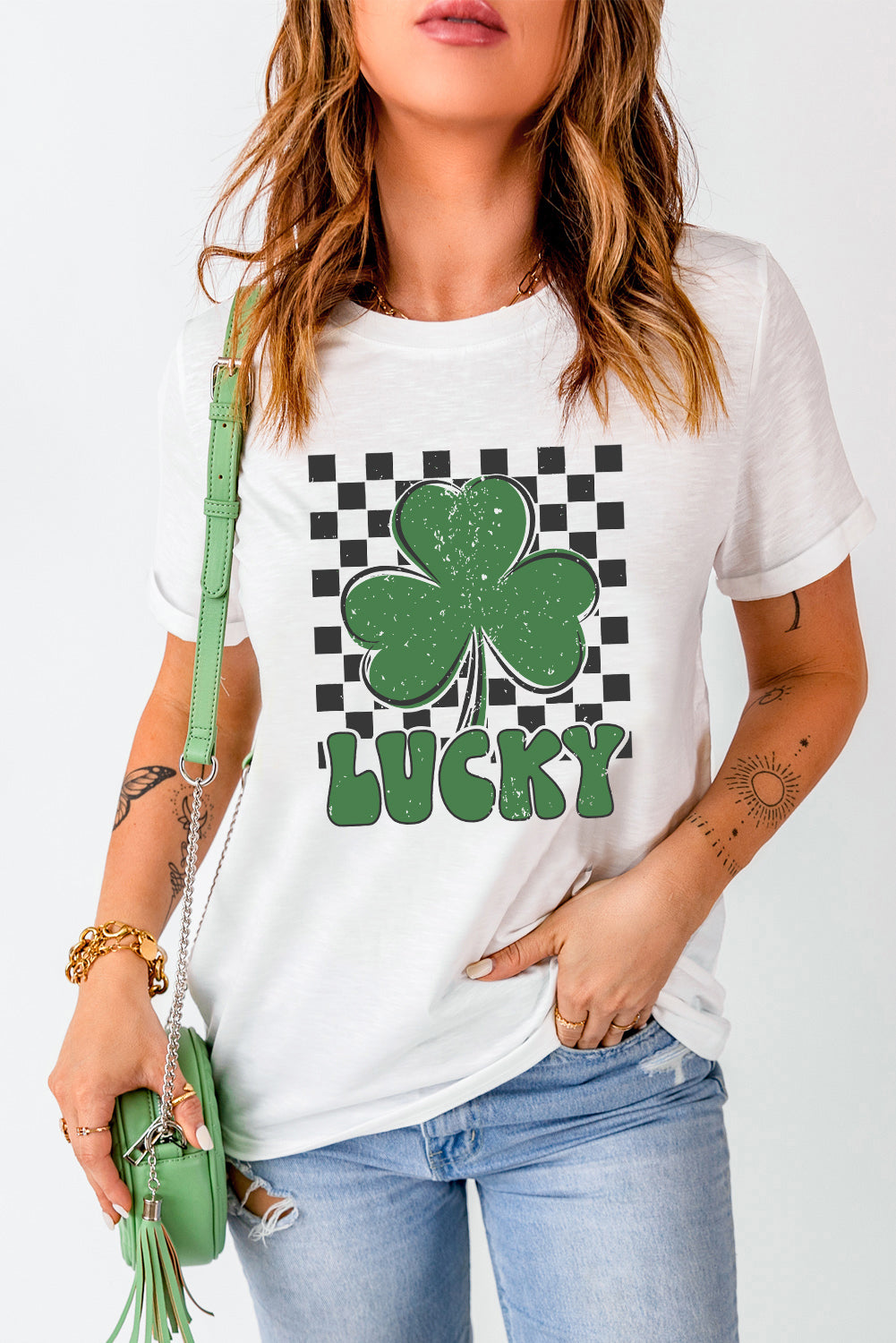 White Checker Lucky Clover Printed St Patricks T Shirt