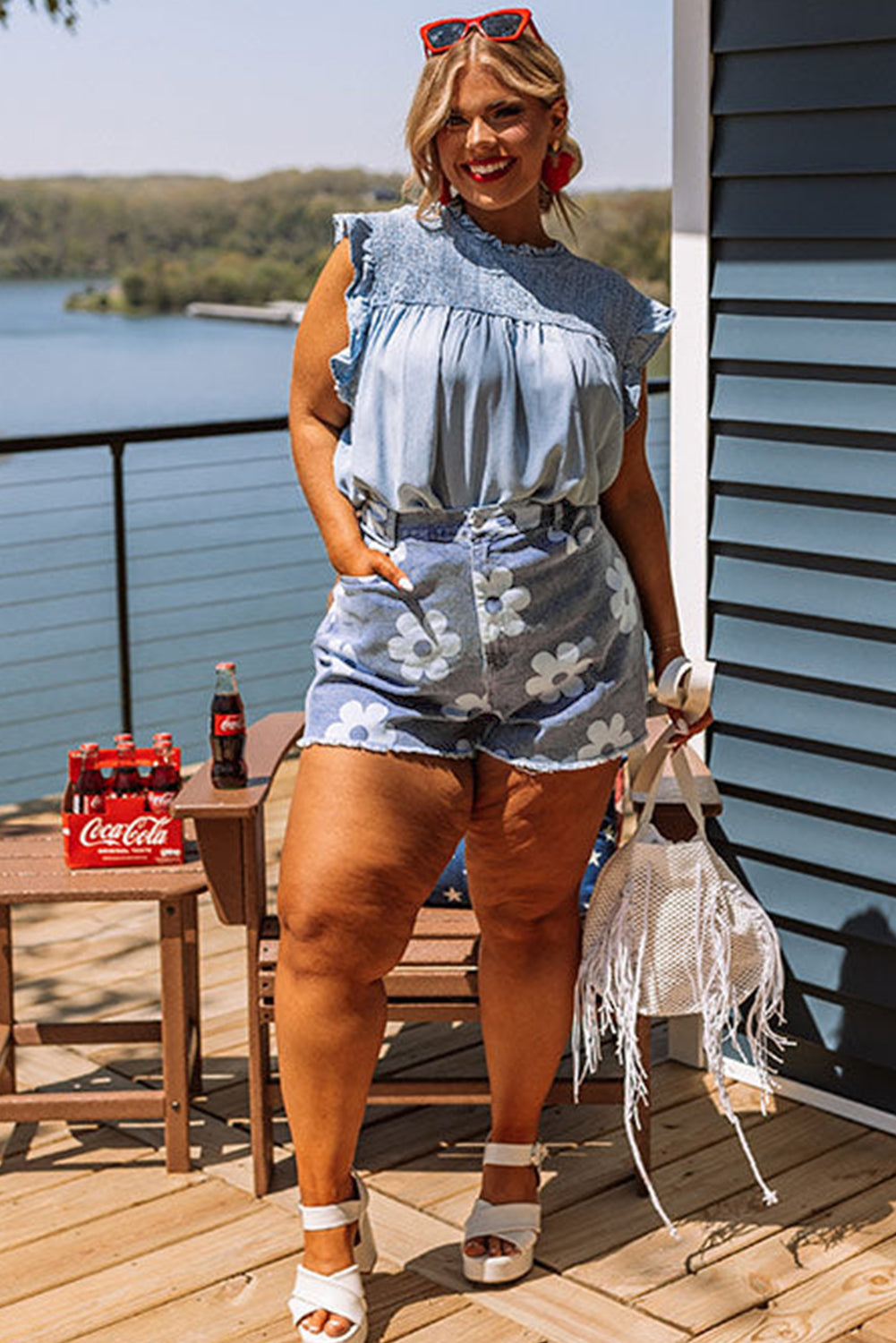 Ashleigh Blue Floral Pattern Raw Hem Plus Size Denim Shorts-Plus Size Bottoms-[Adult]-[Female]-2022 Online Blue Zone Planet