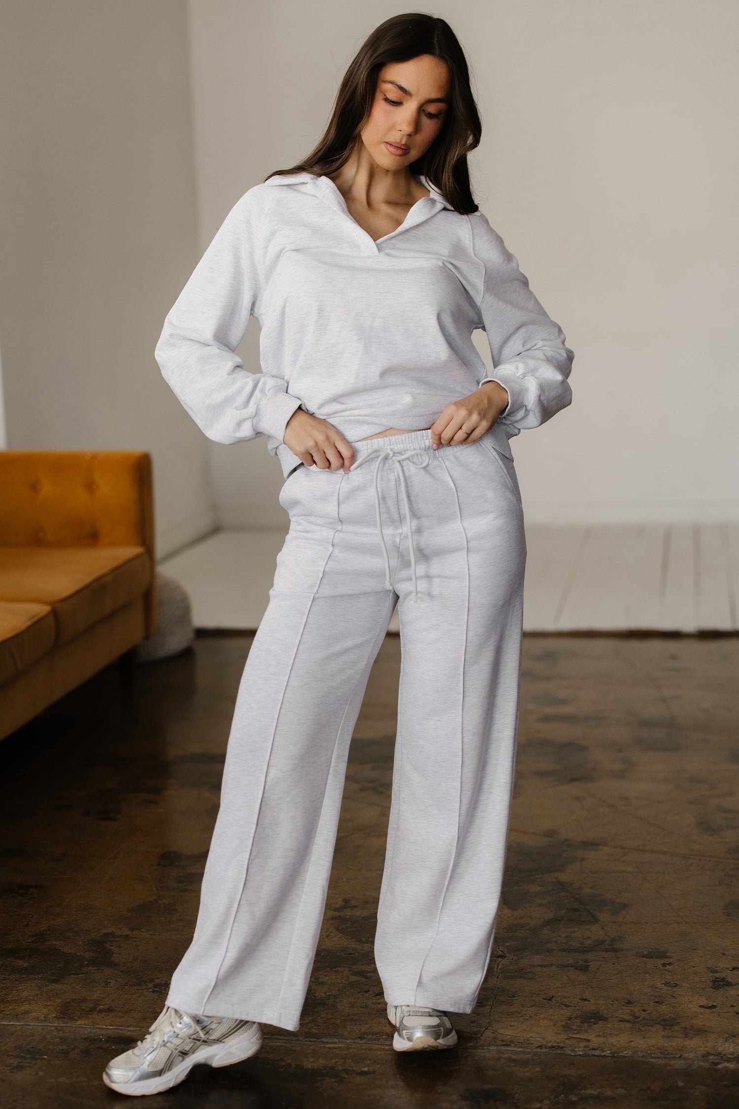 Dark Khaki Polo Collar V Neck Pullover and Drawstring Sweatpants Set-Two Piece Sets/Pant Sets-[Adult]-[Female]-2022 Online Blue Zone Planet