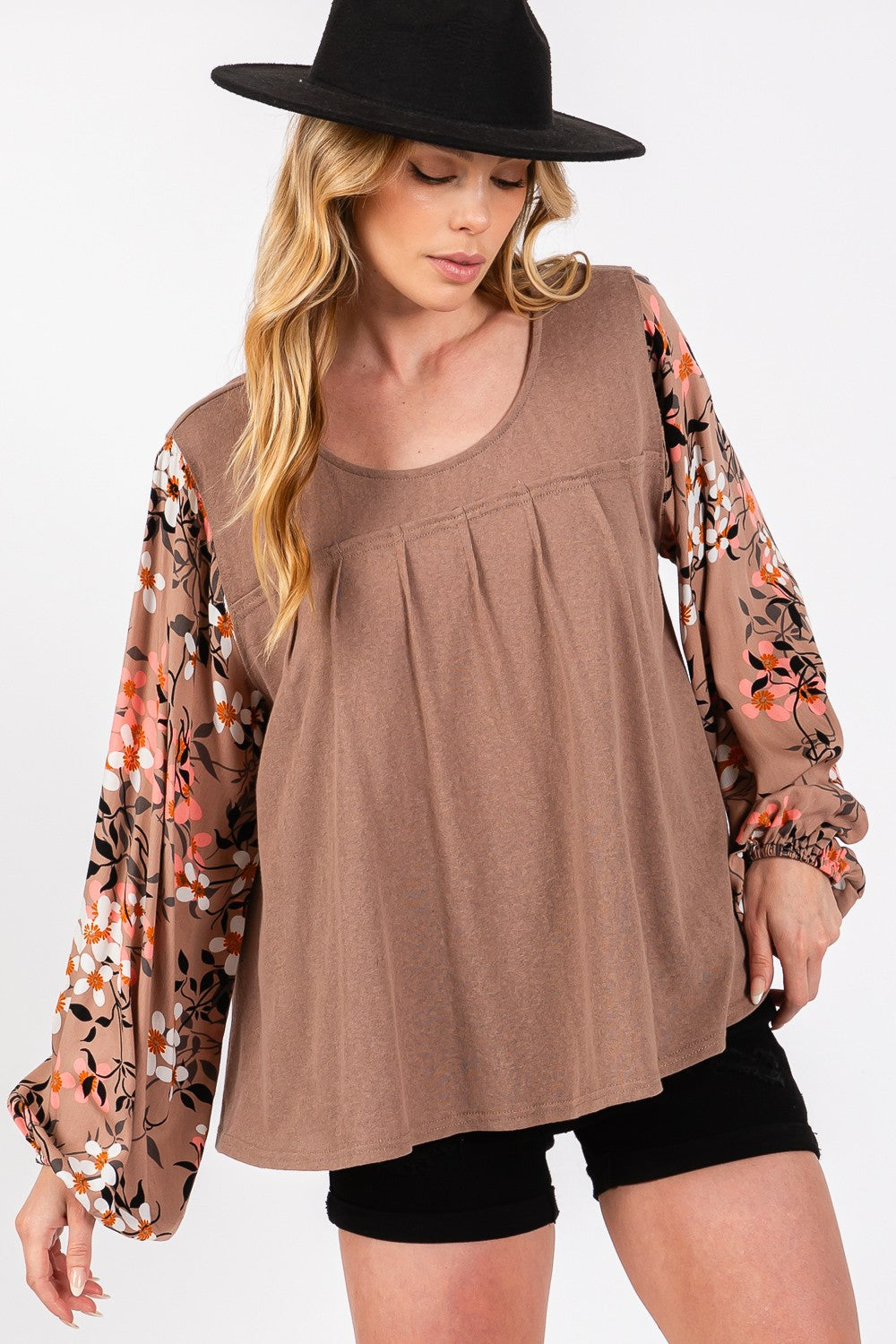 Blue Zone Planet | SAGE + FIG Floral Long Sleeve Front Pleated Detail Blouse-TOPS / DRESSES-[Adult]-[Female]-2022 Online Blue Zone Planet