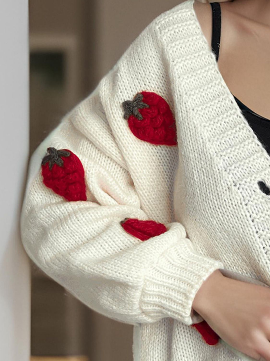 Crochet Strawberry V-Neck Long Sleeve Cardigan-NEW ARRIVALS-[Adult]-[Female]-2022 Online Blue Zone Planet