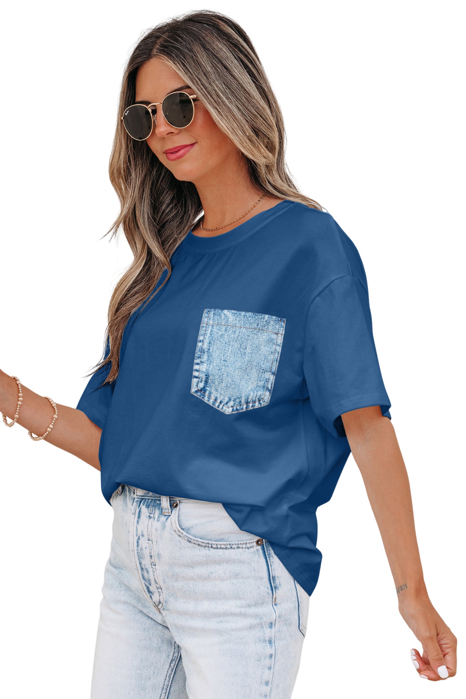 Sail Blue Color Block Chest Pocket Patched Casual Short Sleeve Top-Tops/Tops & Tees-[Adult]-[Female]-2022 Online Blue Zone Planet