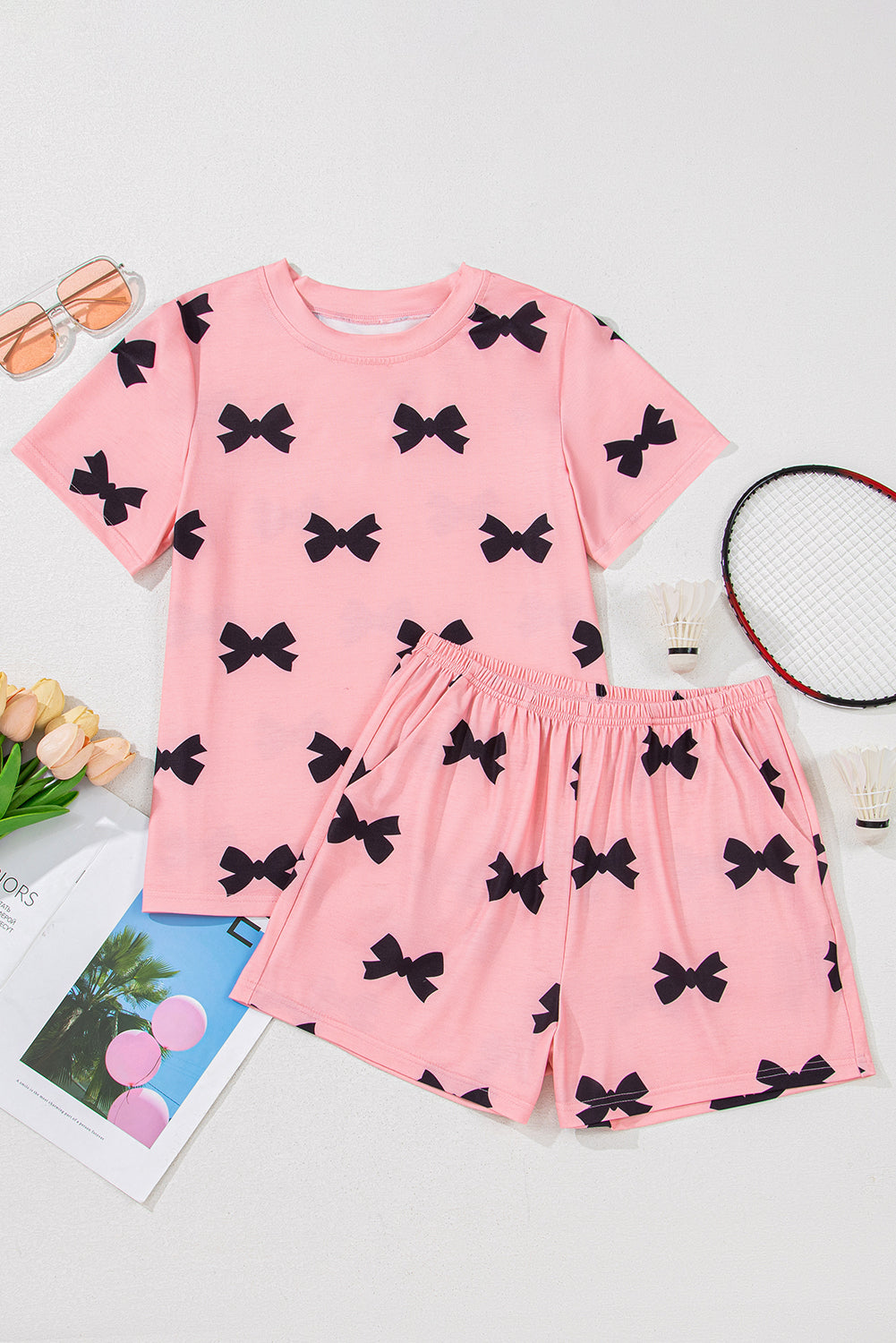 Pink Allover Bow Print Pockets Cropped Pajama Set-Loungewear Set-[Adult]-[Female]-2022 Online Blue Zone Planet